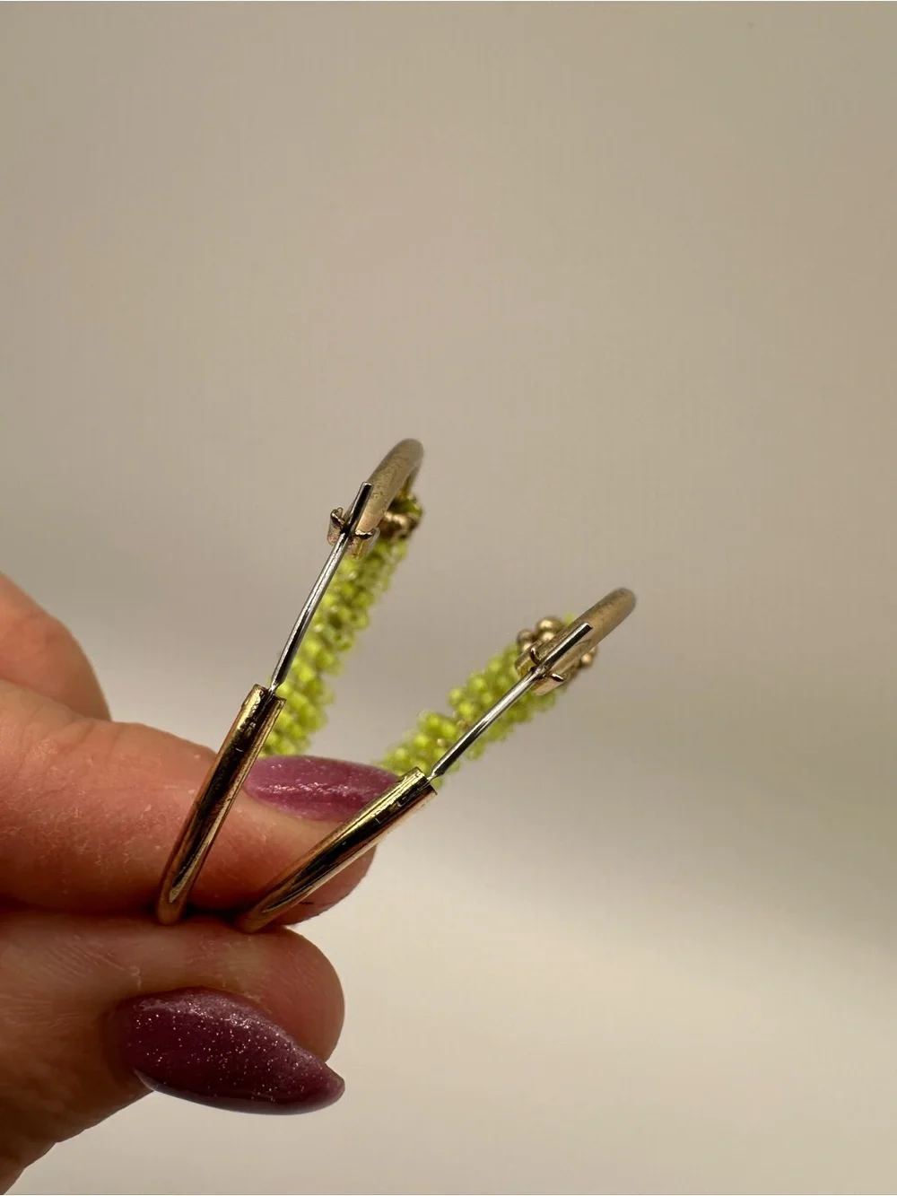 Gold Hoop Earrings with Lime Green Beaded Wrap